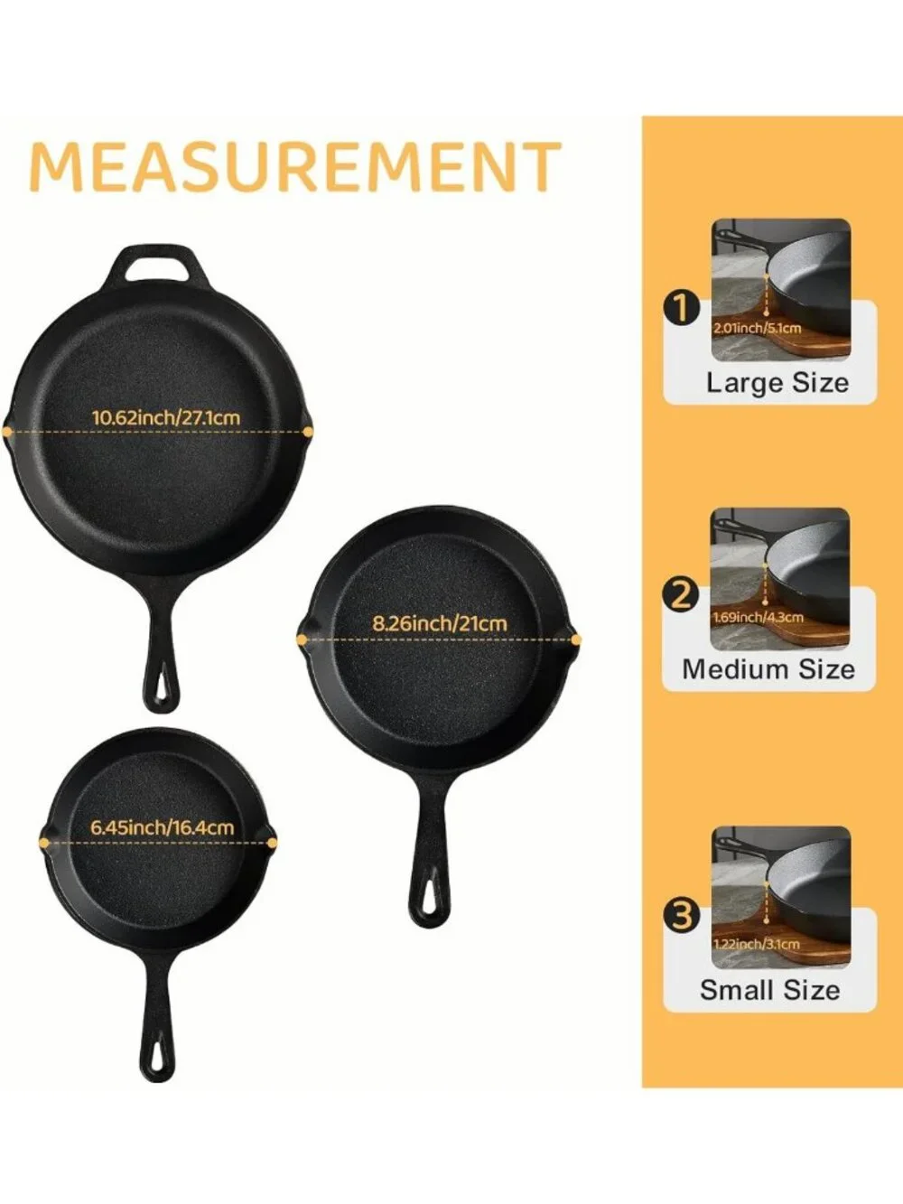 3-Piece Cast Iron Skillet Set - Pre-Seasoned Cookware for Frying & Sautéing, 6
